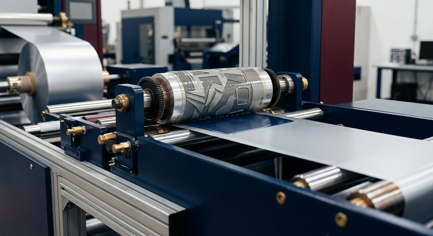 Precision flexographic varnishing station on laminate web