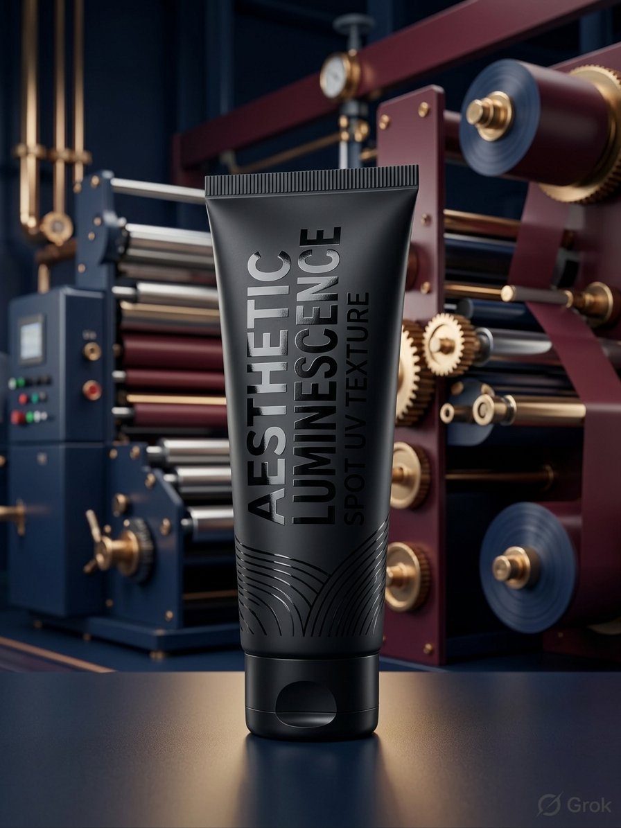Spot UV varnish over matte finish on cosmetic tube